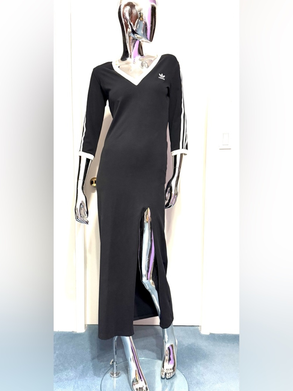 Adidas ⚽️Black Maxi V-Neck Dress w/Side Slit and Three-Stripe Sleeves